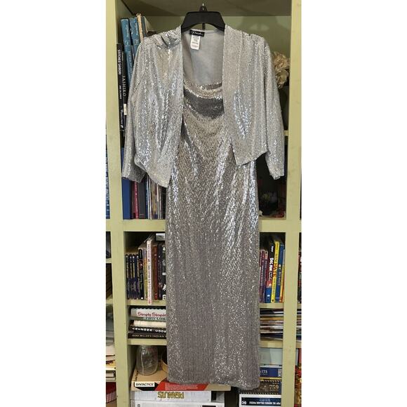 Bebe Silver Dress Sequin Maxi Small Prelude Bolero Shrug Party Gown Cocktail EUC - Picture 1 of 7
